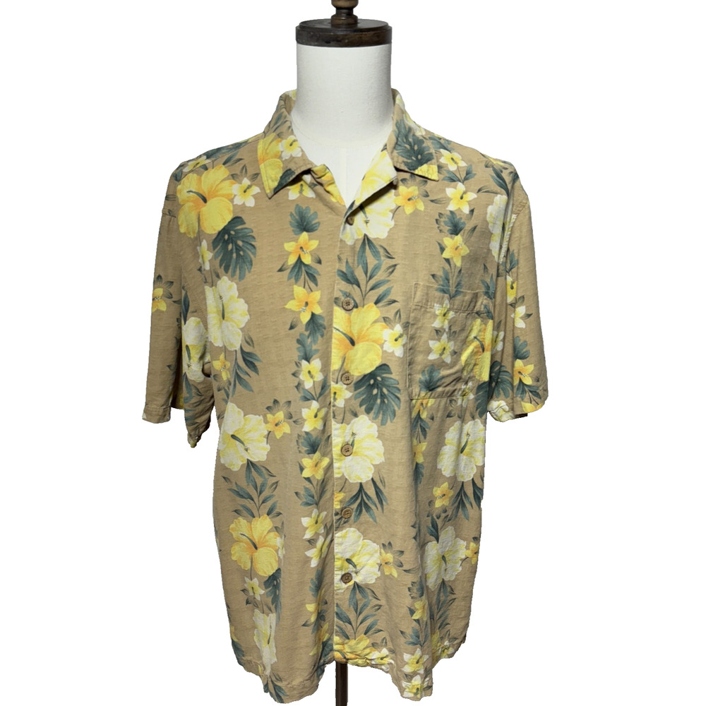 Caribbean Joe Shirt Mens XL Tan Silk Hawaiian Wooden Buttons Loop Collar Beachy